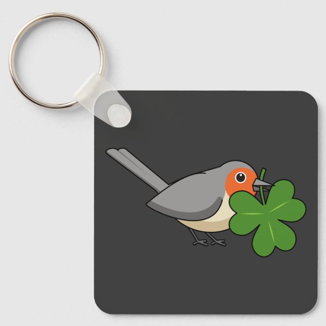 Cute Robin with Shamrock Clover Cartoon Key Ring (Front)