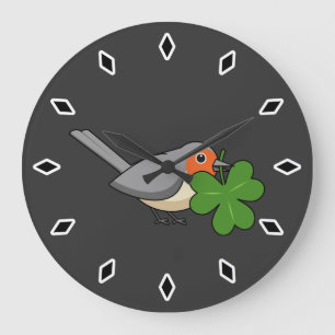 Cute Robin with Shamrock Clover Cartoon Large Clock