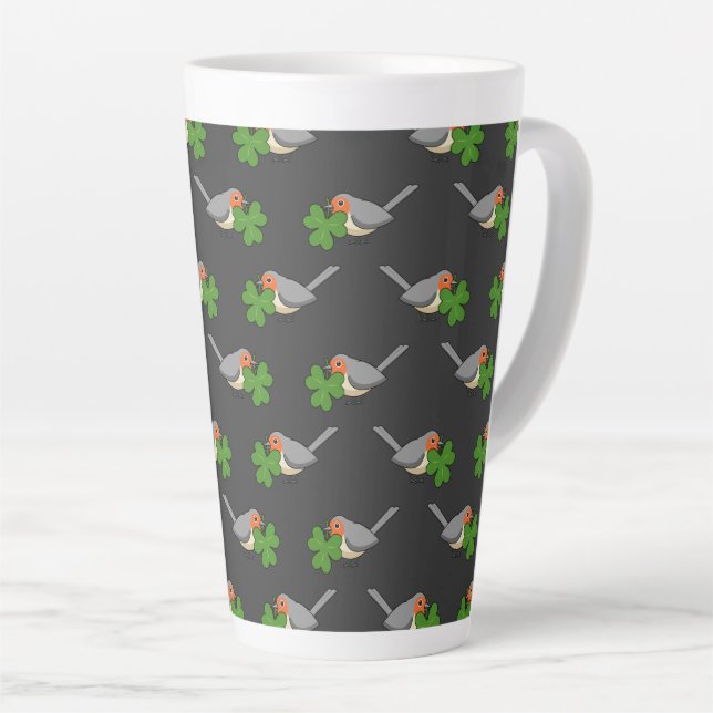 Cute Robin with Shamrock Clover Cartoon Latte Mug (Right Angle)
