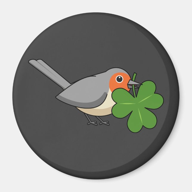 Cute Robin with Shamrock Clover Cartoon Magnet (Front)