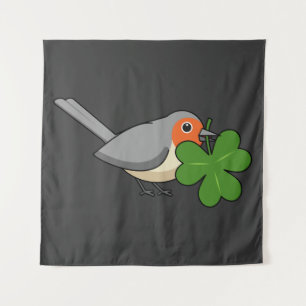 Cute Robin with Shamrock Clover Cartoon Tapestry
