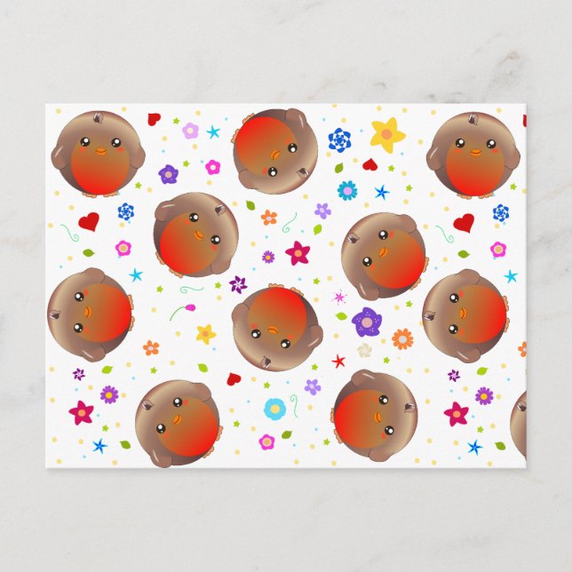 Cute robins and flowers pattern postcard (Front)
