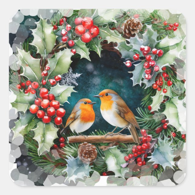 Cute robins and holly and foliage square sticker (Front)