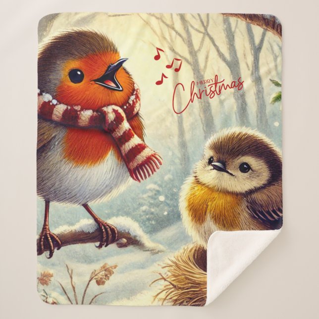 Cute Robins, Frozen Christmas  Sherpa Blanket (Front)