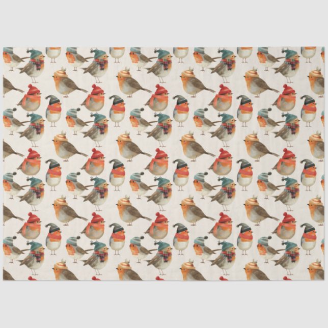 Cute Robins in winter hats and scarves Tissue Paper (Front)