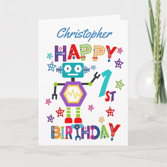Cute Robot 1st Birthday Card (Front)