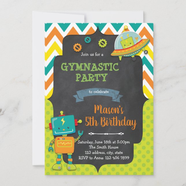 Cute robot birthday party invitation (Front)
