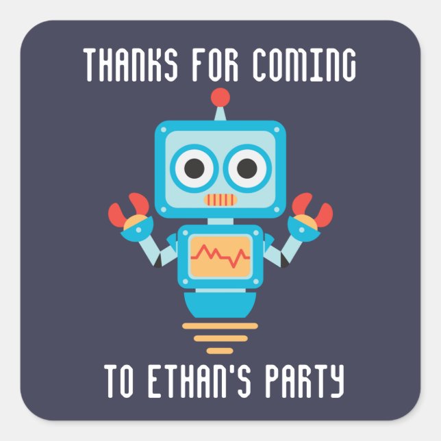 cute robot birthday party thank you square sticker (Front)