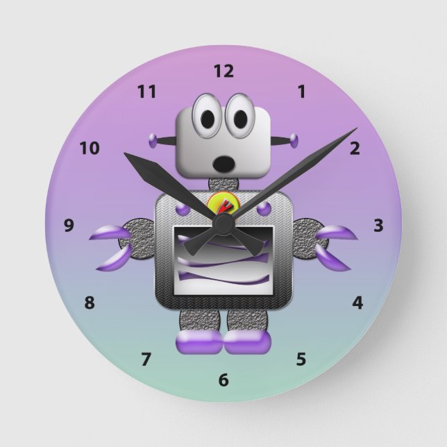 Cute Robot Blue & Purple Clock (Front)
