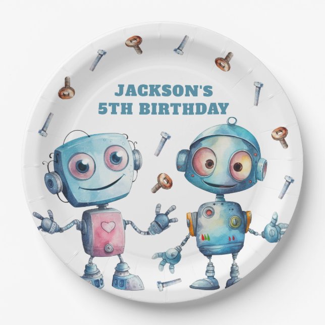 Cute Robot Blue White Kids Paper Plate (Front)