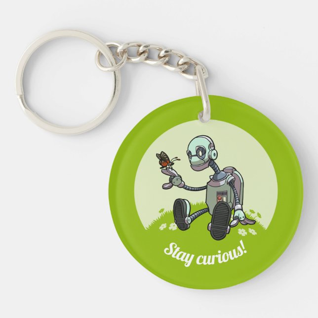 Cute Robot & Butterfly Stay Curious! Cartoon Key Ring (Front)
