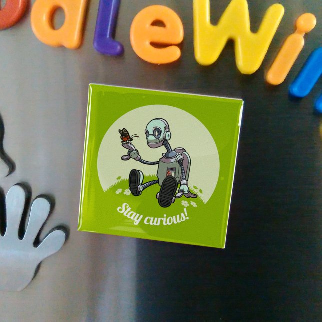 Cute Robot & Butterfly Stay Curious! Cartoon Magnet (Creator Uploaded)