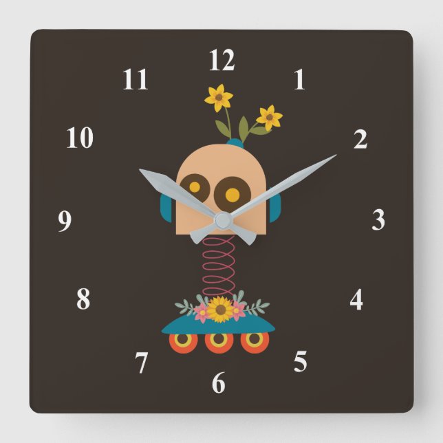 Cute robot children's design square wall clock (Front)