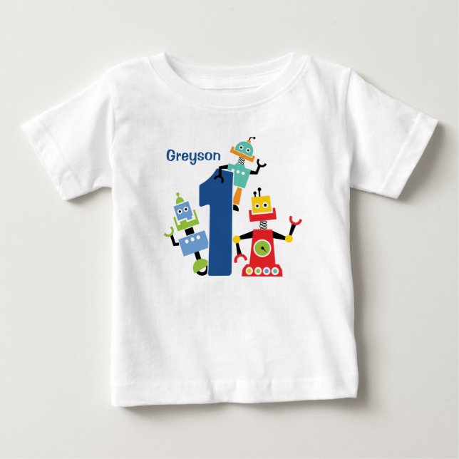 Cute Robot First Birthday Tshirt robots (Front)
