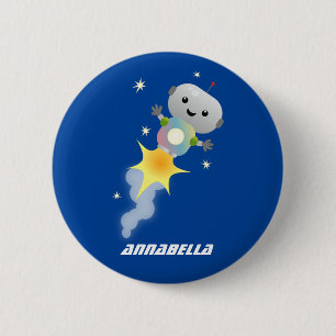 Cute robot flying in space cartoon illustration 6 cm round badge