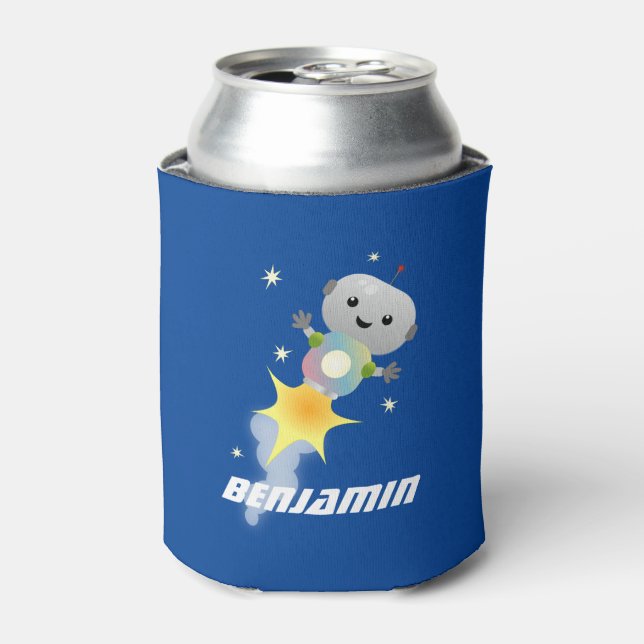Cute robot flying in space cartoon illustration can cooler (Can Front)