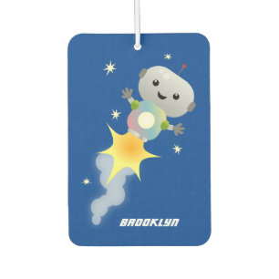 Cute robot flying in space cartoon illustration car air freshener