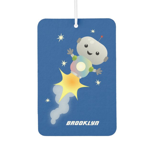 Cute robot flying in space cartoon illustration  car air freshener (Front)