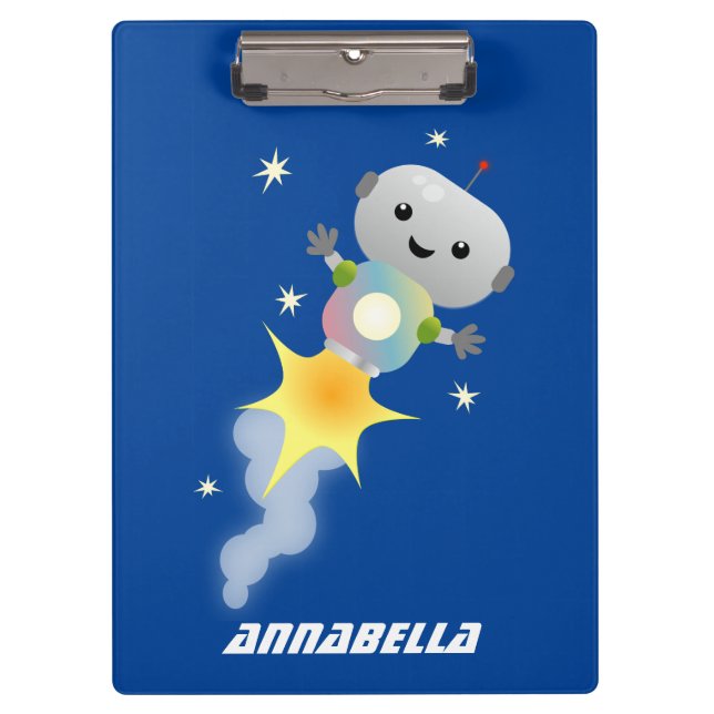 Cute robot flying in space cartoon illustration clipboard (Front)