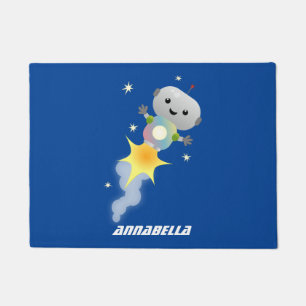 Cute robot flying in space cartoon illustration doormat