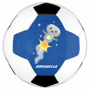 Cute robot flying in space cartoon illustration football