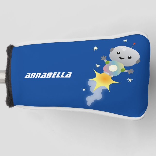 Cute robot flying in space cartoon illustration golf head cover (Front)