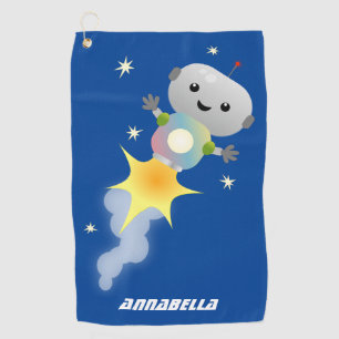 Cute robot flying in space cartoon illustration golf towel