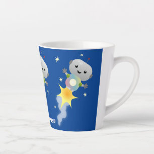Cute robot flying in space cartoon illustration latte mug