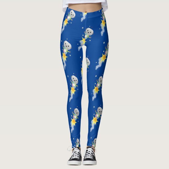 Cute robot flying in space cartoon illustration leggings (Front)