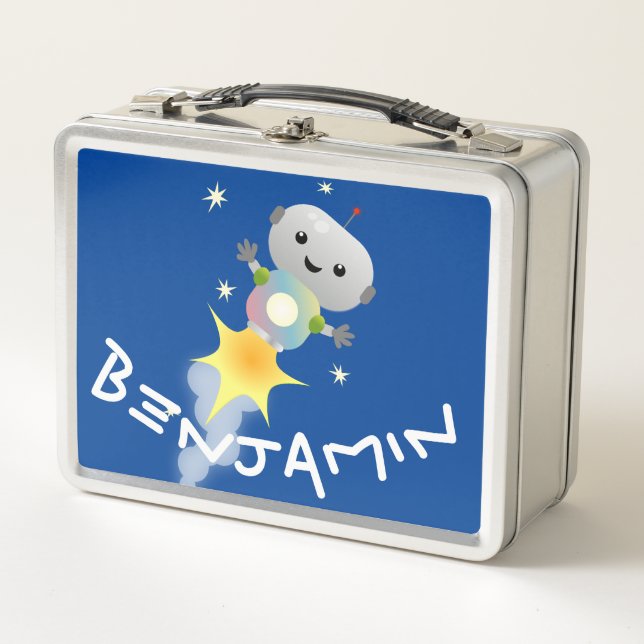 Cute robot flying in space cartoon illustration metal lunch box (Front)