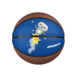 Cute robot flying in space cartoon illustration mini basketball