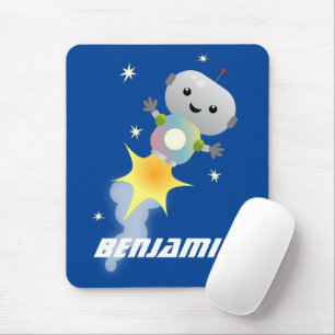 Cute robot flying in space cartoon illustration mouse mat