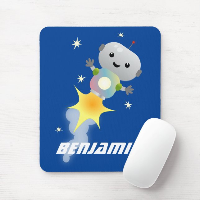 Cute robot flying in space cartoon illustration mouse mat (With Mouse)