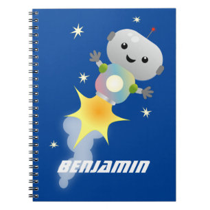 Cute robot flying in space cartoon illustration notebook