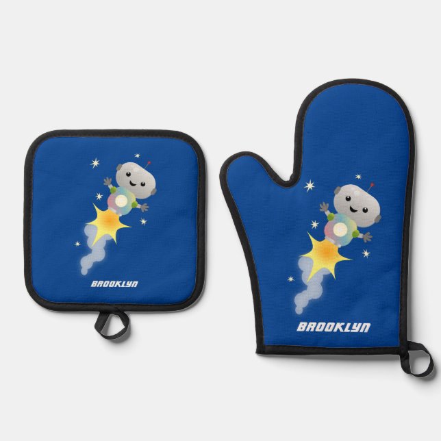 Cute robot flying in space cartoon illustration oven mitt & pot holder set (Front)