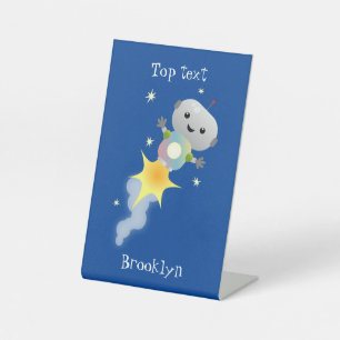Cute robot flying in space cartoon illustration pedestal sign