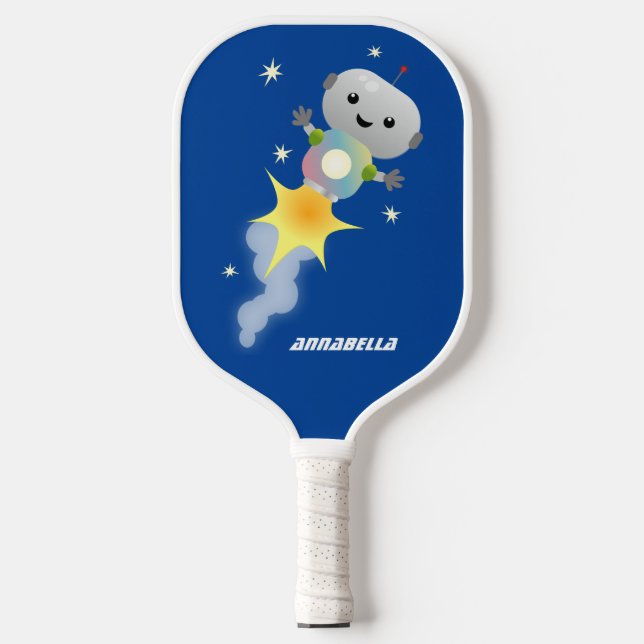 Cute robot flying in space cartoon illustration pickleball paddle (Front)
