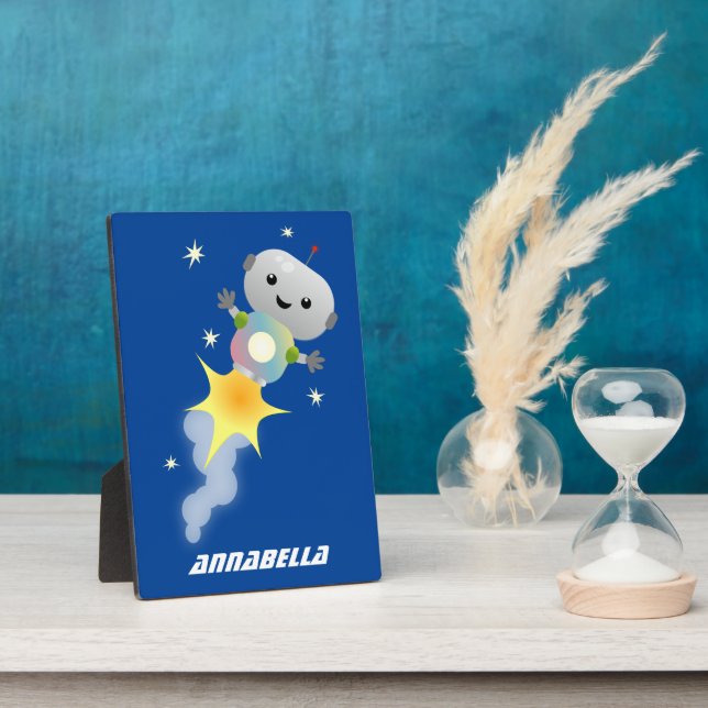 Cute robot flying in space cartoon illustration plaque (Side)