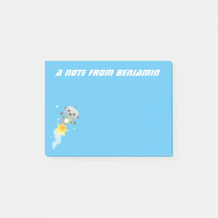 Cute robot flying in space cartoon illustration post-it notes