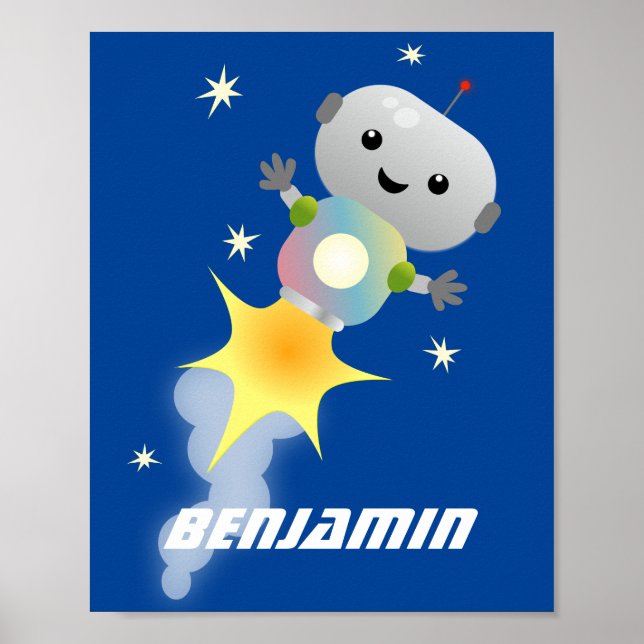 Cute robot flying in space cartoon illustration poster (Front)