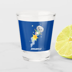 Cute robot flying in space cartoon illustration shot glass