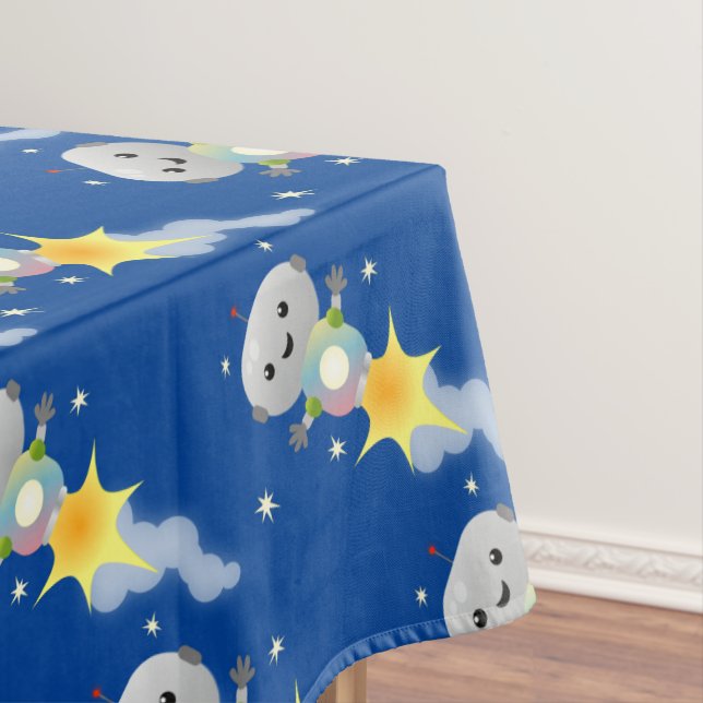 Cute robot flying in space cartoon illustration tablecloth (In Situ)