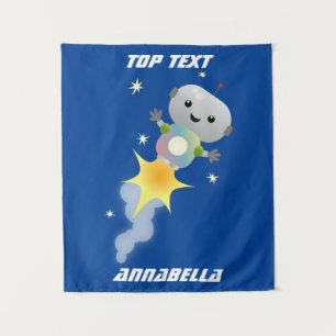 Cute robot flying in space cartoon illustration  tapestry