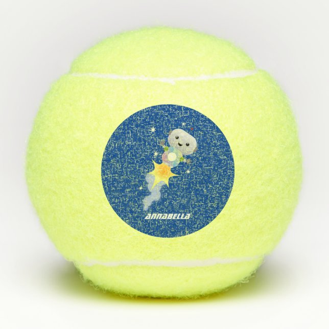 Cute robot flying in space cartoon illustration tennis balls (Front)