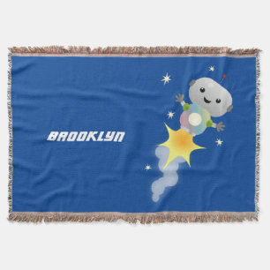 Cute robot flying in space cartoon illustration throw blanket