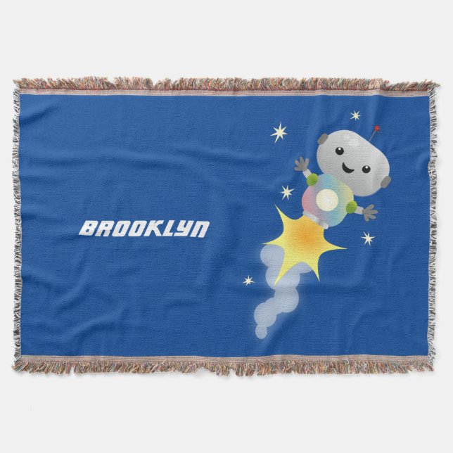 Cute robot flying in space cartoon illustration throw blanket (Front)