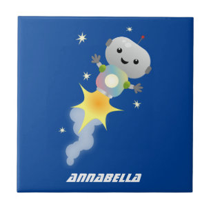Cute robot flying in space cartoon illustration tile