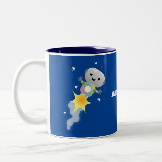 Cute robot flying in space cartoon illustration Two-Tone coffee mug (Left)