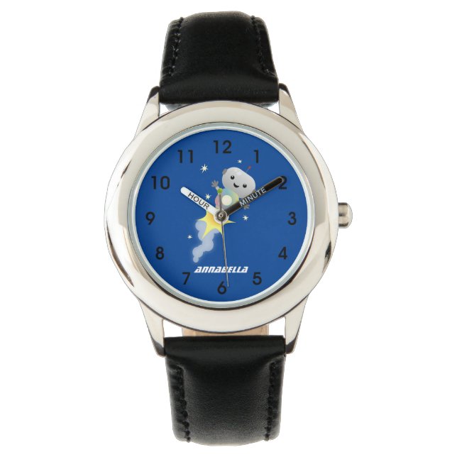Cute robot flying in space cartoon illustration watch (Front)