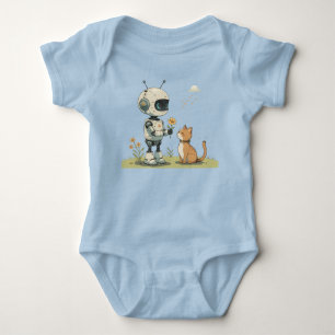 Cute Robot Gives Flower to Cat Wholesome Kids Art Baby Bodysuit